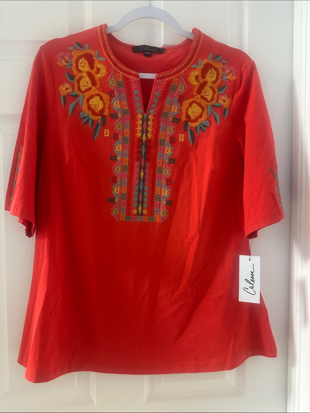 Catherines Red Embroidered Floral V-Neck Tunic